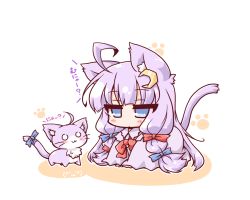 Rule 34 | 1girl, :3, ahoge, animal ears, blue eyes, cat, cat ears, cat tail, chibi, crescent, crescent hair ornament, hair ornament, hair ribbon, kemonomimi mode, long hair, neko yume, nyan, o o, patchouli knowledge, paw print, purple hair, ribbon, solo, tail, tail ornament, tail ribbon, touhou, translation request, tress ribbon, very long hair