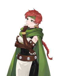 1girl armor atelier_(series) atelier_marie benitama bracelet braid breastplate brown_gloves cape closed_mouth crescent crescent_earrings earrings fingerless_gloves gloves green_cape green_headband grey_eyes hand_on_own_chin headband highres jewelry loincloth long_hair natalie_kohdelia official_art red_hair simple_background single_braid single_earring smile solo standing transparent_background