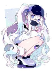 Rule 34 | + +, 1girl, bandaged fingers, bandages, bandaid, bandaid on leg, baseball cap, black hat, black nails, chon (chon33v), earrings, full body, hair between eyes, hair ornament, hand up, hat, highres, jacket, jewelry, long hair, long sleeves, mask, mouth mask, nail polish, original, puffy long sleeves, puffy sleeves, purple eyes, purple footwear, shoes, sleeves past wrists, solo, squatting, stud earrings, twintails, very long hair, white hair, white jacket