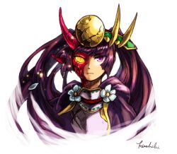 Rule 34 | 1girl, androgynous, armor, breastplate, camomile, crack, flower, hashibi rokou, headpiece, heterochromia, highres, horns, long hair, pointy ears, purple eyes, puzzle &amp; dragons, simple background, solo, twintails, upper body, white background, yellow eyes, yomi (p&amp;d)
