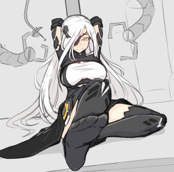 Rule 34 | 1girl, absurdres, alchemist (girls&#039; frontline), arms behind head, black skirt, black thighhighs, bound, breasts, check commentary, commentary request, eyepatch, feet, foot focus, girls&#039; frontline, hair ornament, highres, jwh, large breasts, long hair, looking at viewer, mechanical arms, no shoes, pole, sangvis ferri, sitting, skirt, smile, smirk, soles, solo, thighhighs, toes, very long hair, white hair, yellow eyes