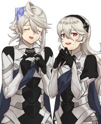 1boy 1girl armor commentary_request corrin_(female)_(fire_emblem) corrin_(fire_emblem) corrin_(male)_(fire_emblem) corrupted_twitter_file dual_persona fire_emblem fire_emblem_fates gloves hair_between_eyes hands_up highres long_hair looking_at_viewer nintendo pointy_ears red_eyes short_hair simple_background smile sweatdrop teardrop white_background white_hair zuzu_(ywpd8853)