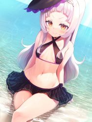 Rule 34 | 1girl, absurdres, arms behind back, beach, bikini, bikini top only, black bikini, black hat, black skirt, breasts, brown eyes, halterneck, hat, highres, hololive, kage (ka 9e 4su), long hair, lowleg, lowleg skirt, miniskirt, murasaki shion, murasaki shion (hololive summer 2019), navel, ocean, partially submerged, sitting, skirt, small breasts, smile, solo, swimsuit, thighs, virtual youtuber, water, white hair, witch hat