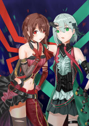 Rule 34 | 2girls, absurdres, armband, asymmetrical gloves, belt, black gloves, black ribbon, breasts, brown hair, choker, commentary, earrings, english commentary, fingerless gloves, frills, girls&#039; frontline, gloves, green eyes, green hair, hair between eyes, hair ornament, hair ribbon, hairclip, half-skirt, hand on own hip, hand on own chest, heart, highres, jewelry, js05 (girls&#039; frontline), js05 (swansong) (girls&#039; frontline), legband, looking at viewer, medium breasts, midriff, multiple girls, navel, necktie, pleated skirt, pm-06 (girls&#039; frontline), pm-06 (i&#039;m soarin&#039; flyin&#039;) (girls&#039; frontline), red eyes, red gloves, red necktie, ribbon, short hair, single earring, single fingerless glove, single thighhigh, skirt, tansan tansan, thighhighs, torn clothes, torn thighhighs, triangle earrings