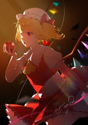 Rule 34 | 1girl, apple, ascot, chenshijian, cowboy shot, crystal wings, dress, flandre scarlet, food, frills, from side, fruit, hat, hat ribbon, holding, holding food, holding fruit, medium hair, mob cap, open mouth, red dress, red eyes, ribbon, side ponytail, solo, touhou, yellow ascot