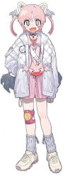 Rule 34 | 1girl, :d, animal ears, bandaid, bandaid on face, bandaid on forehead, belt collar, blush stickers, chain, chain necklace, collar, down jacket, fake animal ears, fangs, full body, grey collar, grey eyes, grey socks, grey wings, head wings, highres, jacket, jewelry, knee pads, lock, lock necklace, long hair, long sleeves, looking at viewer, low wings, necklace, open clothes, open jacket, open mouth, original, oyasumi guu guu, pink hair, pink shirt, pink skirt, shirt, shoes, simple background, single knee pad, skirt, smile, sneakers, socks, solo, two side up, white background, white footwear, white jacket, white wings, wings