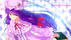 Rule 34 | 1girl, argyle, argyle background, argyle clothes, blew andwhite, book, character name, crescent, dress, female focus, frown, hair ribbon, hat, highres, patchouli knowledge, purple eyes, purple hair, ribbon, solo, star (symbol), tahoo, touhou