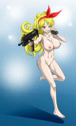 Rule 34 | 1girl, armpits, blonde hair, blush, breasts, clenched teeth, curly hair, dragon ball, explosive, feet, full body, gradient background, grenade, groin, hair ribbon, highres, holding, holding weapon, large breasts, legs, long hair, lunch (dragon ball), mouth hold, navel, nel-zel formula, nipples, no pussy, nude, open mouth, red eyes, ribbon, shadow, simple background, smile, solo, standing, teeth, thighs, toes, weapon