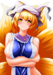 Rule 34 | 1girl, blonde hair, blush, breast hold, breasts, colorized, crossed arms, doseisan (dosei-san), female focus, fox tail, hat, highres, large breasts, loussier666, multiple tails, naked tabard, short hair, sideboob, solo, tabard, tail, touhou, yakumo ran, yellow eyes