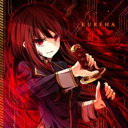 Rule 34 | 1girl, akine (kuroyuri), bemani, character name, commentary request, ears visible through hair, holding, holding sword, holding weapon, katana, kureha (sound voltex), long hair, long sleeves, red background, red eyes, red hair, sleeve cuffs, solo, sound voltex, sound voltex ii infinite infection, sound voltex iii gravity wars, sword, upper body, weapon