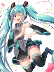Rule 34 | 1girl, aqua hair, bad id, bad twitter id, between breasts, black pantyhose, black skirt, black thighhighs, blue eyes, blue hair, blue necktie, blush, breasts, detached sleeves, hand gesture, hatsune miku, headset, highres, jumping, large breasts, long hair, looking at viewer, navy (navy.blue), necktie, necktie between breasts, one eye closed, open mouth, pantyhose, shirt, skirt, sleeveless, sleeveless shirt, smile, solo, thighhighs, twintails, very long hair, vocaloid