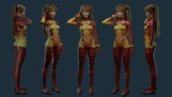 Rule 34 | 1girl, 3d, a-roll, absurdres, adjusting hair, bodysuit, breasts, brown hair, character sheet, covered navel, evangelion: 2.0 you can (not) advance, full body, hair ornament, highres, interface headset, looking to the side, multicolored bodysuit, multicolored clothes, multiple views, neon genesis evangelion, orange bodysuit, pilot suit, plugsuit, pout, realistic, rebuild of evangelion, red bodysuit, shiny clothes, souryuu asuka langley, test plugsuit, thigh gap, tsundere