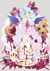Rule 34 | 1girl, :p, ascot, barefoot, bat wings, berry, black wings, blue hair, bow, bow legwear, closed mouth, collar, collared dress, commentary request, cookie, dress, food, frilled collar, frilled dress, frilled wrist cuffs, frills, full body, grey background, hand on own cheek, hand on own face, hat, hat bow, heart-shaped cookie, highres, lace background, leaf, leglet, mob cap, nail polish, nikorashi-ka, oversized food, oversized object, pancake, pancake stack, pink dress, pink hat, puffy short sleeves, puffy sleeves, red ascot, red bow, red eyes, red nails, red wrist cuffs, remilia scarlet, short dress, short hair, short sleeves, sitting, skull, sleeve ribbon, smirk, solo, toenail polish, toenails, tongue, tongue out, touhou, white collar, wings, wrist cuffs