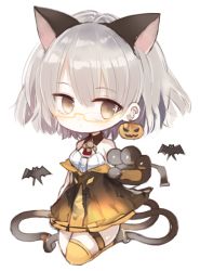 Rule 34 | 1girl, animal ears, animal hands, bare shoulders, bat (animal), black gloves, brown dress, brown eyes, brown thighhighs, cat ears, cat girl, cat tail, chibi, closed mouth, commentary request, dress, earrings, full body, girls&#039; frontline, gloves, grey hair, hair between eyes, jack-o&#039;-lantern, jack-o&#039;-lantern earrings, jewelry, kotatu (akaki01aoki00), looking at viewer, official alternate costume, paw gloves, pleated dress, semi-rimless eyewear, simple background, single thighhigh, solo, tail, thighhighs, under-rim eyewear, vector (girls&#039; frontline), vector (kitty paws) (girls&#039; frontline), white background, white dress, yellow-framed eyewear