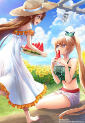 Rule 34 | 2girls, alleyne (queen&#039;s blade), alleyne (queen&#039;s blade unlimited), alternate hairstyle, bare arms, bare shoulders, barefoot, blonde hair, blue eyes, blue sky, braid, breasts, brown eyes, brown hair, cleavage, cloud, day, dress, eating, elf, flower, food, fruit, green shirt, hair down, hat, high ponytail, highres, holding, holding tray, long hair, medium breasts, midriff, multiple girls, navel, nowa (queen&#039;s blade), nowa (queen&#039;s blade unlimited), official art, open mouth, outdoors, pointy ears, ponytail, profile, queen&#039;s blade, queen&#039;s blade unlimited, queen&#039;s blade white triangle, shirt, shorts, side braid, single braid, sitting, sky, straw hat, sun hat, sundress, sunflower, thighs, tray, very long hair, watermelon, white dress, white shorts, wind chime