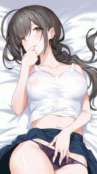 Rule 34 | 1girl, ahoge, bare arms, bare shoulders, bed sheet, black panties, blue skirt, blush, braid, breasts, brown eyes, brown hair, clothes lift, collarbone, covered erect nipples, cowboy shot, fingernails, floral print, hair spread out, hand to own mouth, hand up, head tilt, highres, idolmaster, idolmaster shiny colors, kawaii hito, kuwayama chiyuki, large breasts, long hair, looking at viewer, lying, miniskirt, navel, on back, panties, parted lips, print panties, see-through, shirt lift, single braid, skirt, skirt lift, solo, stomach, string panties, tank top, underwear, white tank top