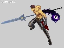 Rule 34 | 1boy, abs, bara, dark-skinned male, dark skin, facial scar, fighting stance, frown, full body, gauntlets, highres, holding, holding polearm, holding weapon, huge weapon, large pectorals, legs apart, looking at viewer, male focus, monocle, monster, muscular, muscular male, navel, no nipples, original, pectorals, polearm, scar, scar on cheek, scar on face, serious, short hair, solo, spirit, thick eyebrows, uza (hellme), weapon