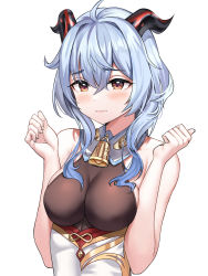 Rule 34 | 1girl, :t, absurdres, ahoge, bare arms, bare shoulders, bell, blue hair, breasts, brown leotard, cowbell, detached collar, ganyu (genshin impact), genshin impact, goat horns, gold trim, hands up, highres, horns, leotard, long hair, looking at viewer, medium breasts, michelan, pelvic curtain, pout, simple background, solo, upper body, wavy mouth, white background