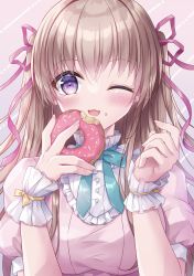 Rule 34 | 1girl, ;d, blouse, blue bow, blush, bow, breasts, brown hair, commentary request, doughnut, food, food on face, hair between eyes, hair ribbon, hands up, highres, holding, holding food, kohinata hoshimi, long hair, medium breasts, one eye closed, open mouth, original, pink background, pink shirt, puffy short sleeves, puffy sleeves, purple eyes, purple ribbon, ribbon, shirt, short sleeves, smile, solo, two side up, upper body, wrist cuffs