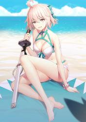 Rule 34 | 1girl, :d, ahoge, arm support, bare arms, bare legs, bare shoulders, barefoot, beach, bikini, blue sky, blush, bow, breasts, brown eyes, choker, cleavage, cloud, collarbone, commentary request, day, fate/grand order, fate (series), front-tie bikini top, front-tie top, full body, green bow, green choker, hair between eyes, hair bow, highres, holding, holding sword, holding weapon, horizon, katana, light brown hair, looking at viewer, medium breasts, navel, ocean, okita j. souji (fate), okita j. souji (third ascension) (fate), okita souji (fate), okita souji (koha-ace), open mouth, outdoors, ririko (zhuoyandesailaer), sand, sheath, sheathed, sky, smile, solo, swimsuit, sword, water, weapon, white bikini