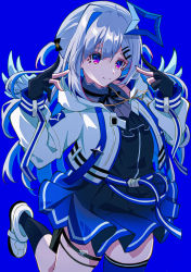 Rule 34 | 1girl, absurdres, amane kanata, amane kanata (work), angel wings, asymmetrical legwear, black gloves, black shirt, black socks, blue eyes, blue hair, blue skirt, blue thighhighs, closed mouth, commentary request, expressionless, gloves, hair ornament, hairclip, halo, highres, hololive, jacket, kneehighs, looking away, mismatched legwear, multicolored hair, open clothes, open jacket, partially fingerless gloves, pension z, pink hair, pleated skirt, shirt, shoes, silver hair, single kneehigh, single sock, single thighhigh, skirt, smile, socks, solo, standing, standing on one leg, star halo, streaked hair, thighhighs, two side up, virtual youtuber, white footwear, white jacket, wings