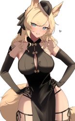 Rule 34 | 1girl, 360 (taiyo360), :d, absurdres, alternate costume, animal ear fluff, animal ears, arknights, bare shoulders, black gloves, black pantyhose, black ribbon, blonde hair, blue eyes, blush, breasts, china dress, chinese clothes, cleavage, cleavage cutout, clothing cutout, cowboy shot, dress, elbow gloves, garrison cap, gloves, grin, hands on own hips, hat, head tilt, heart, highres, horse ears, horse girl, horse tail, large breasts, long hair, open mouth, pantyhose, parted lips, pelvic curtain, ribbon, shoulder tattoo, simple background, sleeveless, sleeveless dress, smile, solo, tail, tattoo, thigh strap, whislash (arknights), white background
