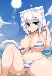 Rule 34 | 1girl, ahoge, animal ears, beach, belly, bikini, blue eyes, blush, breasts, cat ears, cat tail, collarbone, curvy, day, covered erect nipples, felt whitesnow, food, highres, huge breasts, jitome, long hair, looking at viewer, navel, original, plump, popsicle, puffy nipples, sawati, short hair with long locks, sitting, skindentation, sky, solo, spread legs, sun, sun flare, sweat, swimsuit, tail, thick thighs, thighs, white hair, wide hips