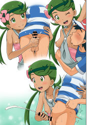 Rule 34 | 1boy, 1girl, :d, ^^^, ash ketchum, bar censor, blue shirt, blush, bottomless, breast sucking, breasts, breasts out, censored, closed eyes, creatures (company), cum, game freak, grabbing, grabbing from behind, green hair, grey overalls, hand up, handjob, hat, headband, hetero, highres, hug, hug from behind, long hair, malcorond, mallow (pokemon), navel, nintendo, nipples, one eye closed, open mouth, overall shorts, overalls, penis, pokemon, pokemon (anime), pokemon sm (anime), projectile cum, shirt, small breasts, smile, striped clothes, striped shirt, twintails, waist hug