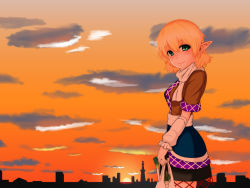 Rule 34 | 1girl, arm warmers, bad anatomy, bag, blonde hair, cityscape, cloud, daikon, female focus, glint, green eyes, grocery bag, jewelry, mizuhashi parsee, pointy ears, poorly drawn, radish, ring, scarf, shopping bag, short hair, skirt, smile, solo, spring onion, suirennka (scar of mind), sunset, touhou, vest