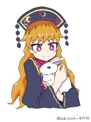 Rule 34 | 1girl, animal, animal ears, artist name, black dress, black headwear, blonde hair, blush, chinese clothes, closed mouth, crescent, dress, hands up, hat, junko (touhou), long hair, long sleeves, looking at another, orange hair, pom pom (clothes), rabbit, rabbit ears, red eyes, red vest, simple background, smile, touhou, upper body, vest, wasabisuke, white background, wide sleeves
