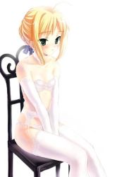 Rule 34 | 00s, 1girl, artoria pendragon (all), artoria pendragon (fate), between legs, blonde hair, bra, chair, elbow gloves, fate/stay night, fate (series), garter belt, gloves, hand between legs, lingerie, panties, saber (fate), simple background, sitting, solo, thighhighs, underwear, underwear only, white background, white bra, white gloves, white panties, white thighhighs