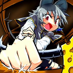 Rule 34 | 1girl, animal ears, caught, cheese, female focus, food, grey hair, mouse ears, mouse tail, mousetrap, nazrin, r-18 jii, red eyes, shouting, solo, tail, touhou