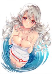 Rule 34 | 1girl, breasts, cleavage, closed mouth, corrin (female) (fire emblem), corrin (fire emblem), fire emblem, fire emblem fates, long hair, medium breasts, naked towel, nintendo, pointy ears, red eyes, solo, towel, vekneim, wading, water, watermark, web address, white hair