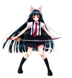 Rule 34 | 1girl, animal ears, black hair, cat ears, cat tail, highres, red eyes, school uniform, serafuku, solo, sword, tail, usa (artist), usaki (ama), weapon
