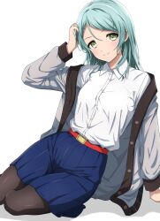 Rule 34 | 1girl, absurdres, aqua hair, arm support, arm up, bang dream!, belt, belt buckle, blue skirt, brown pantyhose, buckle, buttons, closed mouth, collared shirt, commentary, green eyes, grey jacket, hair between eyes, hand in own hair, highres, hikawa sayo, jacket, knees out of frame, leaning to the side, light blush, long hair, long sleeves, looking at viewer, miniskirt, noshimurin, off shoulder, open clothes, open jacket, pantyhose, parted bangs, pleated skirt, red belt, shirt, shirt tucked in, simple background, sitting, skirt, smile, solo, white background, white shirt, yokozuwari