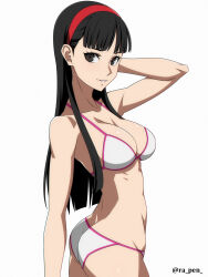 Rule 34 | 1girl, amagi yukiko, arm behind head, ass, bikini, black eyes, black hair, blunt bangs, breasts, cleavage, commentary request, cowboy shot, hairband, highres, large breasts, long hair, looking at viewer, parted lips, persona, persona 4, ra-pen, red hairband, simple background, smile, solo, swimsuit, white background, white bikini