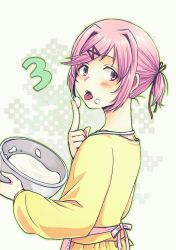 Rule 34 | 1girl, alternate costume, alternate hairstyle, apron, blouse, blush, bowl, cappuccino1, doki doki literature club, fang, food, food on face, from side, hair ornament, hair ribbon, hairclip, long sleeves, looking at viewer, natsuki (doki doki literature club), open mouth, pink apron, pink eyes, pink hair, red ribbon, ribbon, shirt, short hair, short ponytail, simple background, skirt, solo, swept bangs, tongue, tongue out, yellow shirt, yellow skirt