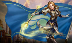 Rule 34 | 1girl, armor, blonde hair, breasts, female focus, league of legends, lux (league of legends), outdoors, sky, solo