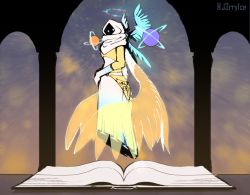 Rule 34 | book, digimon, floating, halo, hood, solo, wings, wisemon