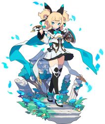 Rule 34 | 1girl, ahoge, aqua bow, arm shield, artist request, asymmetrical gloves, back bow, black gloves, black thighhighs, blonde hair, blue eyes, blue flower, blush, bow, breasts, bush, cape, celtie (world flipper), closed mouth, day, detached sleeves, dress, female focus, flower, footwear bow, frilled sleeves, frills, full body, gloves, grass, hair ornament, half-closed eyes, half gloves, hands up, happy, heart, highres, holding, holding sword, holding weapon, looking at viewer, medium hair, moss, non-web source, official art, outdoors, petals, pleated dress, shield, shoes, sidelocks, single vambrace, small breasts, smile, solo, stairs, standing, sword, thighhighs, transparent background, two-sided cape, two-sided fabric, two side up, uneven gloves, vambraces, weapon, white cape, white dress, white footwear, white sleeves, world flipper, zettai ryouiki