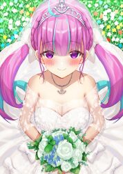 Rule 34 | 1girl, ahoge, alternate costume, anchor necklace, black skirt, blue hair, blunt bangs, blush, bouquet, braid, breasts, bridal veil, bride, cleavage, colored inner hair, commentary, dress, drill hair, flower, french braid, highres, holding, holding bouquet, hololive, jewelry, long hair, looking at viewer, medium breasts, minato aqua, multicolored hair, necklace, purple eyes, purple hair, sidelocks, skirt, solo, strapless, strapless dress, streaked hair, tarunyan, twin braids, twin drills, twintails, two-tone hair, veil, virtual youtuber, wedding dress, white dress