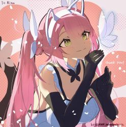 Rule 34 | 1girl, animal ears, bow, bug, butterfly, cat ears, commentary, commission, dress, english commentary, fake animal ears, fingerless gloves, frilled dress, frills, gloves, green eyes, hair bow, highres, indie virtual youtuber, insect, knt lehmaioziy, looking up, nina saotome, open hands, second-party source, skeb commission, smile, solo, twintails, virtual youtuber, white bow, white dress