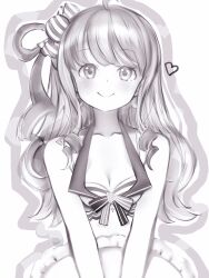Rule 34 | 1girl, absurdres, ahoge, bare arms, bare shoulders, breasts, candy hair ornament, cleavage, dress, food-themed hair ornament, greyscale, hair ornament, heart, highres, himemori luna, hololive, hololive summer 2023 swimsuit, long hair, looking at viewer, monochrome, nanashi (nlo), simple background, sleeveless, sleeveless dress, small breasts, smile, solo, upper body, v arms, virtual youtuber