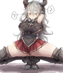 Rule 34 | 10s, 1girl, arm up, armor, armpits, bad id, bad twitter id, bee (deadflow), blush, boots, breasts, brown eyes, draph, elbow gloves, gloves, gluteal fold, granblue fantasy, grey hair, hair between eyes, horns, inactive account, large breasts, long hair, open mouth, skirt, solo, spread legs, squatting, sweat, thigh boots, thighhighs, threo (granblue fantasy)