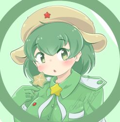 Rule 34 | 1girl, blush, cherushi 2, close-up, collared shirt, commentary request, elbow gloves, epaulettes, gloves, green eyes, green gloves, green hair, green shirt, hat, jewelry, kemono friends, kemono friends 3, keroro (kemono friends), keroro gunsou, neck ribbon, necklace, ribbon, shirt, short hair, solo, star (symbol), star necklace, uniform