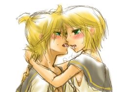 Rule 34 | 1boy, 1girl, blonde hair, blush, brother and sister, french kiss, green eyes, hetero, incest, kagamine len, kagamine rin, kiss, open mouth, short hair, siblings, tongue, twincest, twins, vocaloid