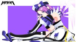 Rule 34 | 1girl, artist request, belt, blue footwear, copyright name, detached sleeves, hat, highres, knee up, magicami, official art, purple eyes, purple hair, shoes, sitting, sleeveless, sodeshiro seira, two-tone dress, wallpaper