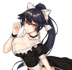 Rule 34 | 1girl, alternate costume, azur lane, black hair, bow, breasts, cleavage, commentary, commentary request, dress, enmaided, frills, hair between eyes, hair bow, large breasts, long hair, looking at viewer, maid, momera, parted lips, ponytail, solo, takao (azur lane), yellow eyes