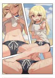 Rule 34 | 1girl, 3koma, barefoot, beach, black shorts, blonde hair, breasts, clothes lift, collarbone, comic, commentary, corrupted twitter file, feet, full body, girls&#039; frontline, hair between eyes, highres, legs, lemures, lifting own clothes, long hair, looking at viewer, looking down, midriff, midriff peek, multiple views, nagant revolver (girls&#039; frontline), navel, one eye closed, open mouth, outdoors, petite, red eyes, shirt, shirt lift, short shorts, short sleeves, shorts, small breasts, soles, spread legs, sweat, toes, underboob, w, white shirt