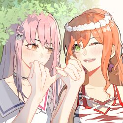 2girls bang_dream! blush brown_hair choker closed_mouth collarbone commentary_request flower_wreath green_eyes grey_choker highres imai_lisa koaok long_hair minato_yukina multiple_girls one_eye_closed open_mouth orange_eyes pink_hair pinky_swear ponytail shirt tank_top teeth upper_body white_shirt white_tank_top yuri